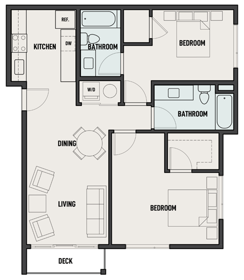 Floor plan for 2 beds, 2 baths, 1136 sqft